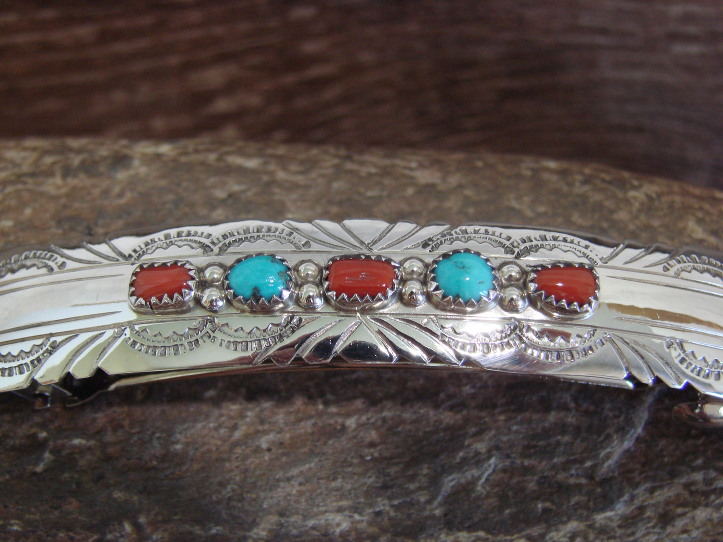 Native American Sterling Silver Turquoise & Coral Hair Barrette by Begay