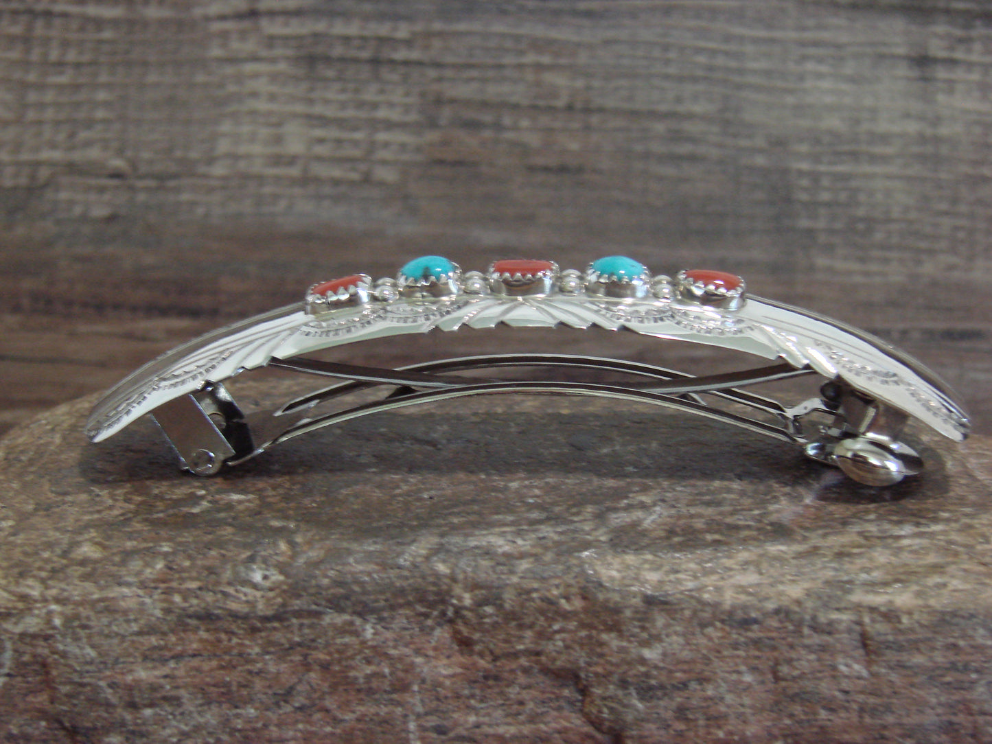 Native American Sterling Silver Turquoise & Coral Hair Barrette by Begay