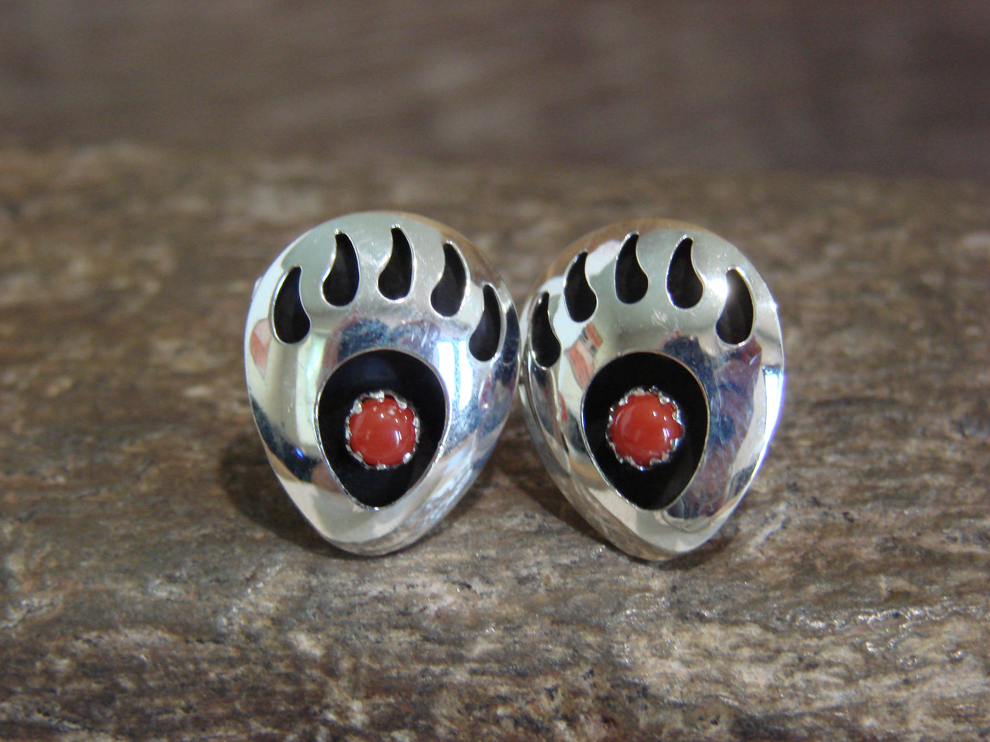 Native American Sterling Silver & Coral Bear Paw Stud Post Earrings - Parker