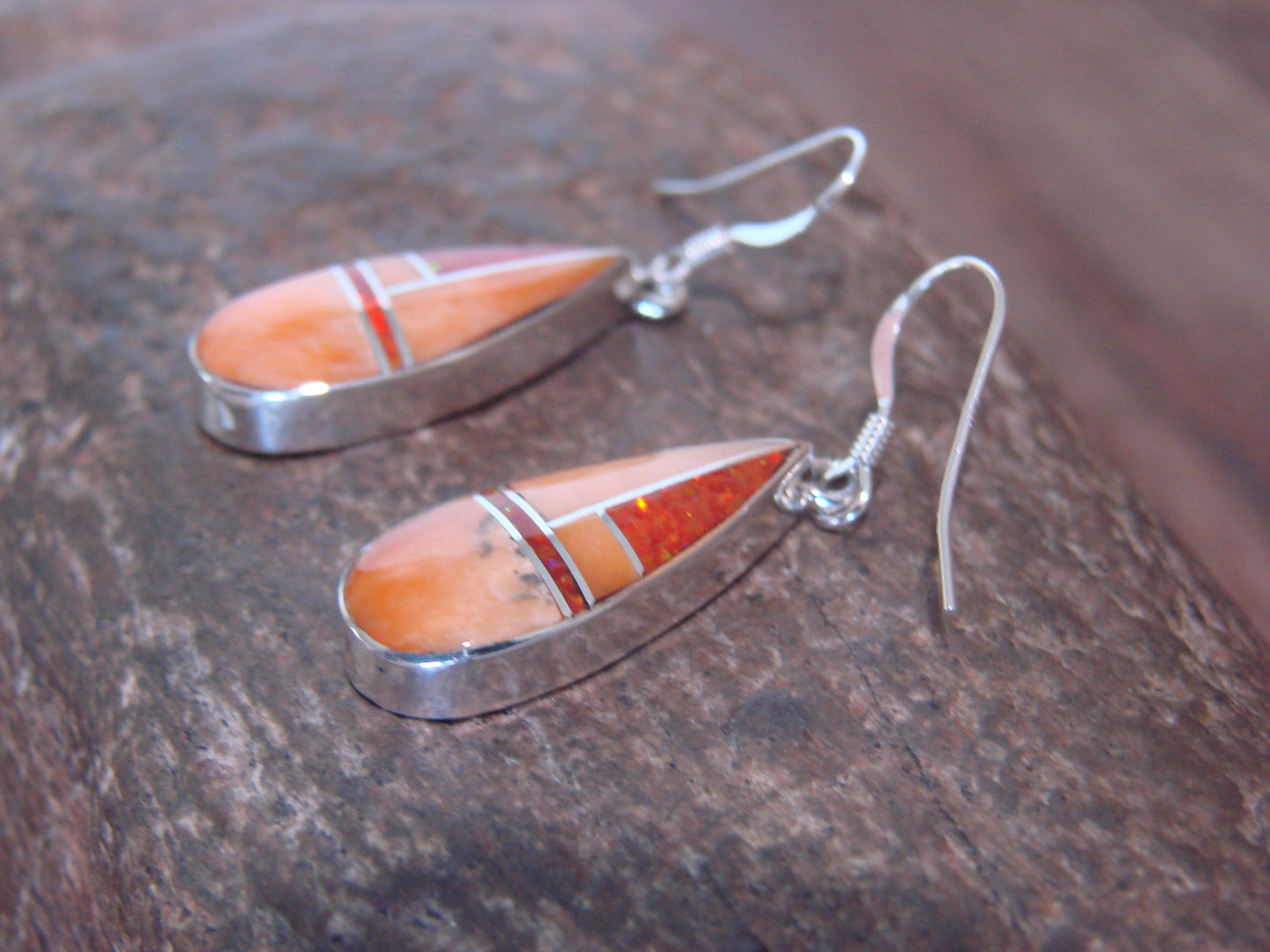Native American Sterling Silver & Spiny Oyster Inlay Dangle Earrings by Manygoats
