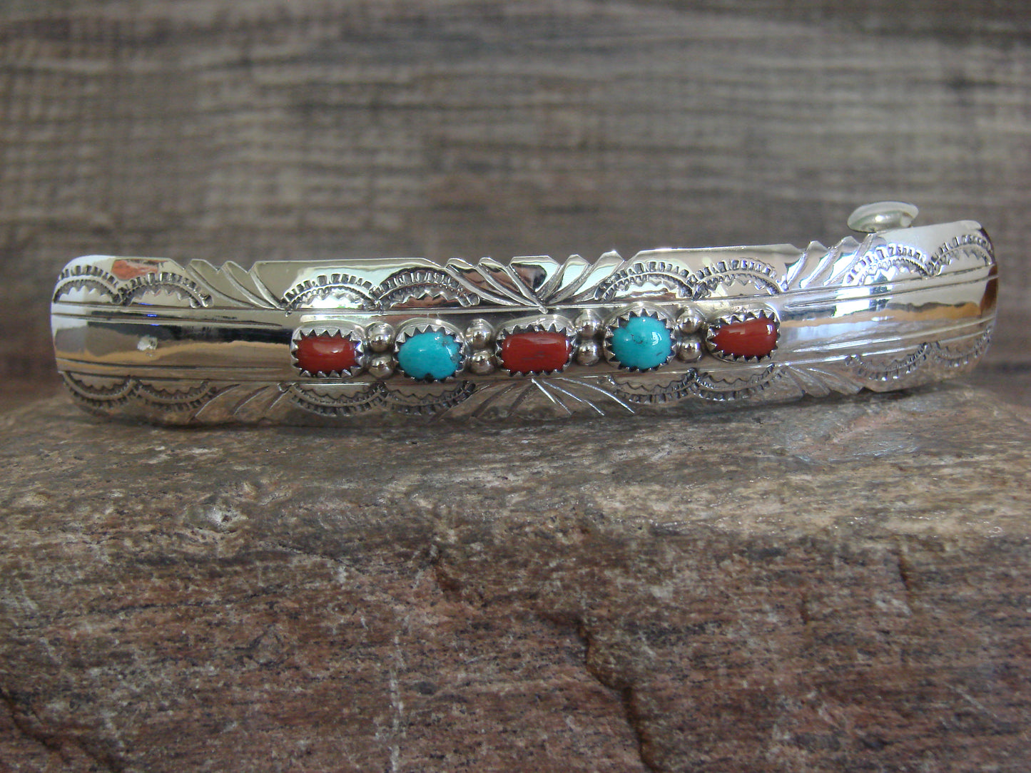 Native American Sterling Silver Turquoise & Coral Hair Barrette by Begay