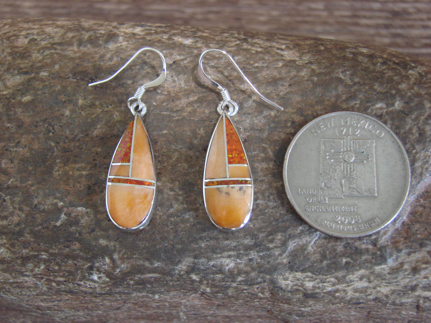 Native American Sterling Silver & Spiny Oyster Inlay Dangle Earrings by Manygoats