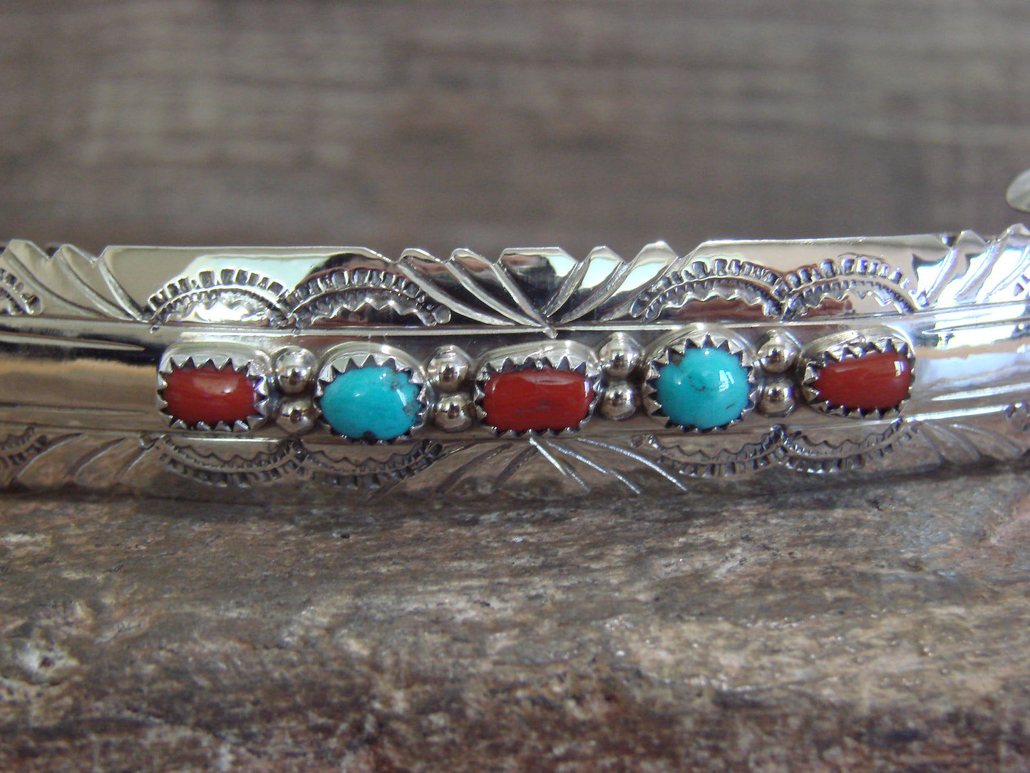 Native American Sterling Silver Turquoise & Coral Hair Barrette by Begay