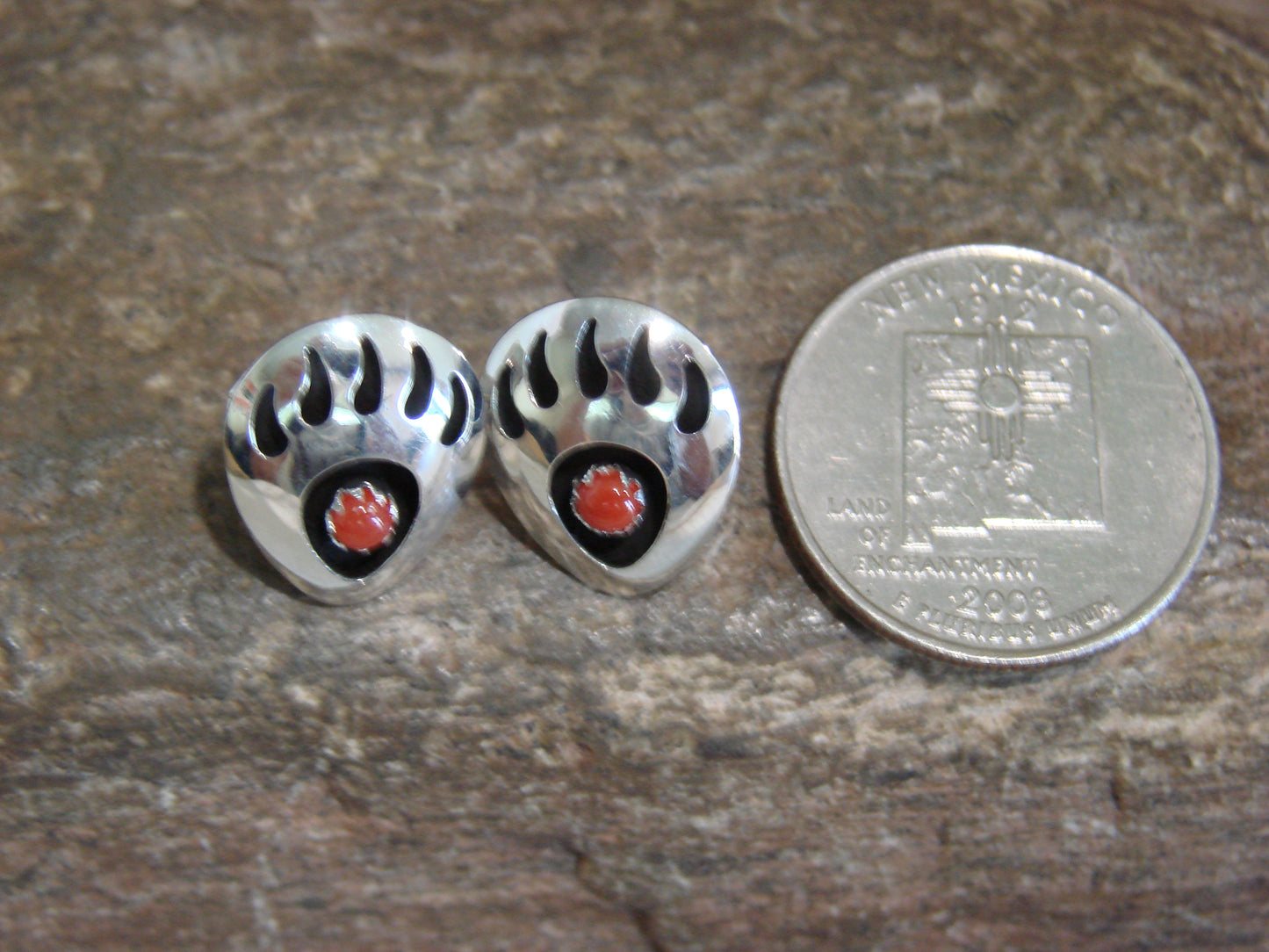 Native American Sterling Silver & Coral Bear Paw Stud Post Earrings - Parker