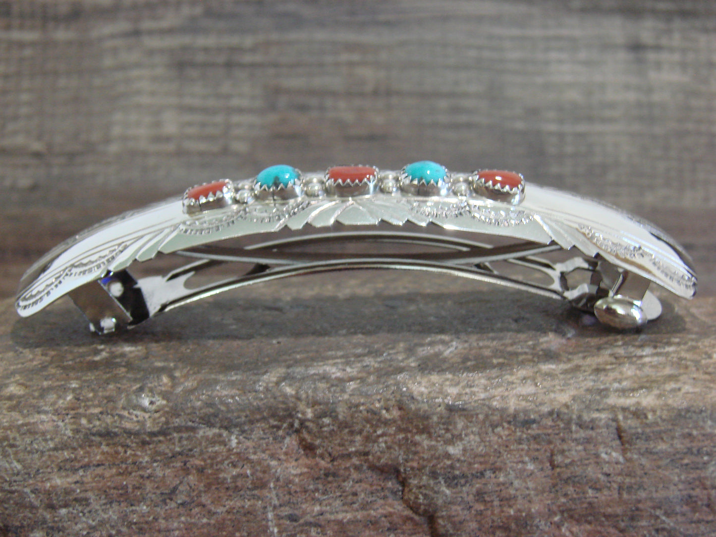 Native American Sterling Silver Turquoise & Coral Hair Barrette by Begay