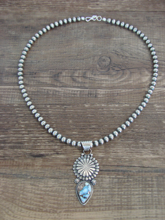 Native American 16" Sterling Silver & Turquoise Navajo Pearl Necklace by McCarthy