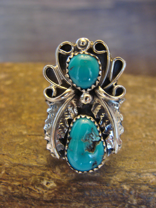 Native American Sterling Silver & Turquoise Ring Signed Yazzie - Size 7