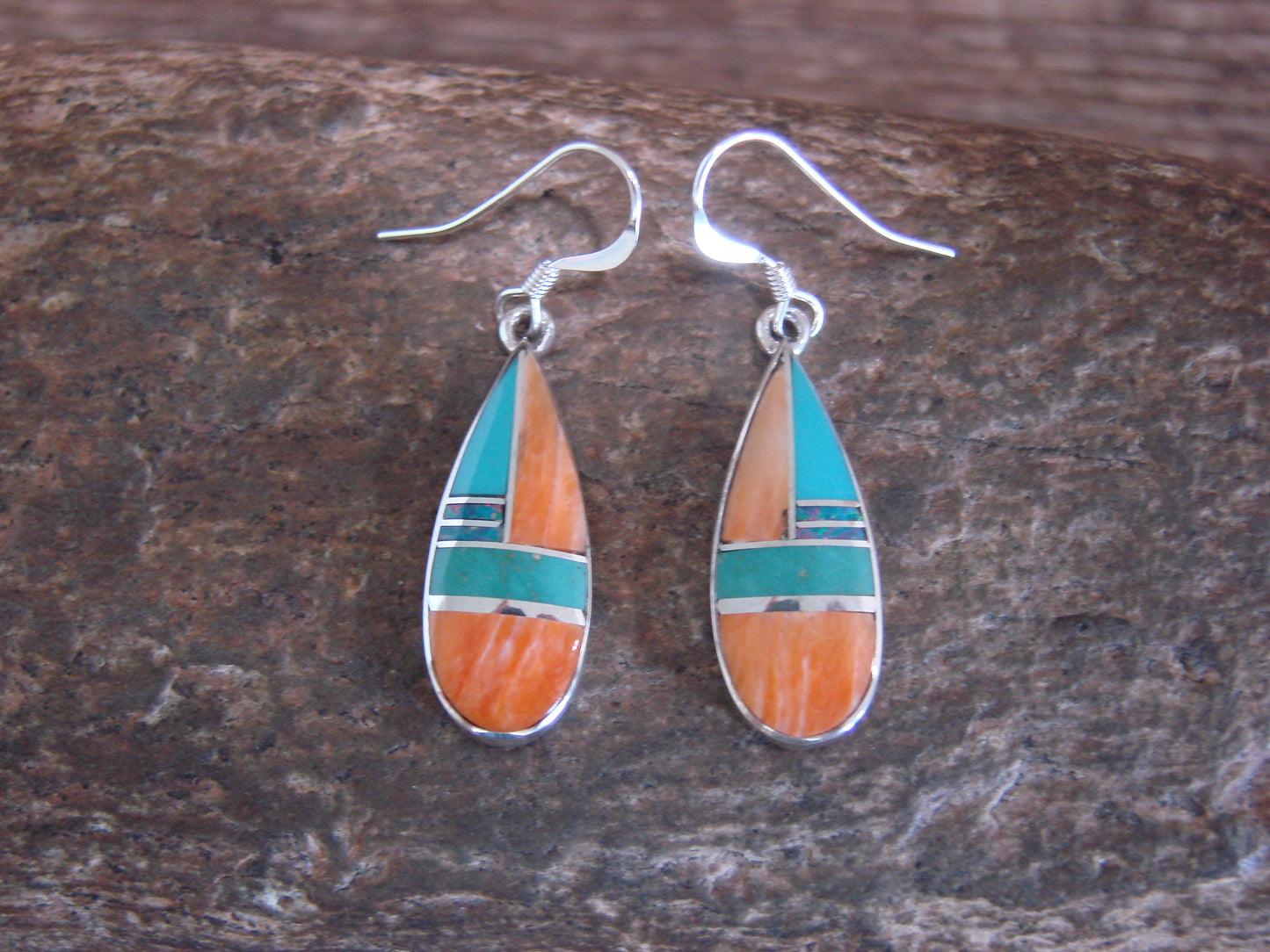 Native American Sterling Silver & Spiny Oyster Inlay Dangle Earrings by Manygoats
