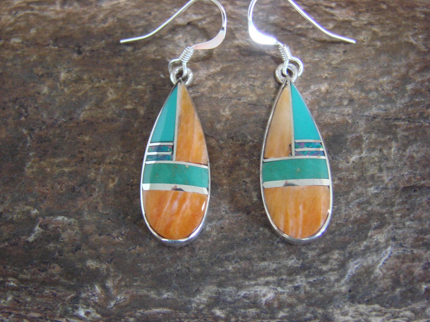 Native American Sterling Silver & Spiny Oyster Inlay Dangle Earrings by Manygoats