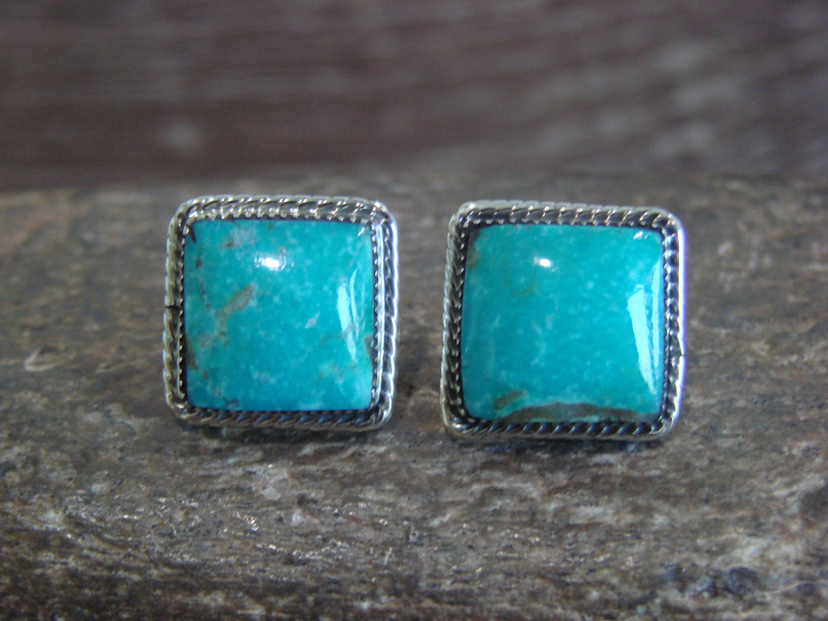 Native American Sterling Silver Square Turquoise Post Earrings by Lopez
