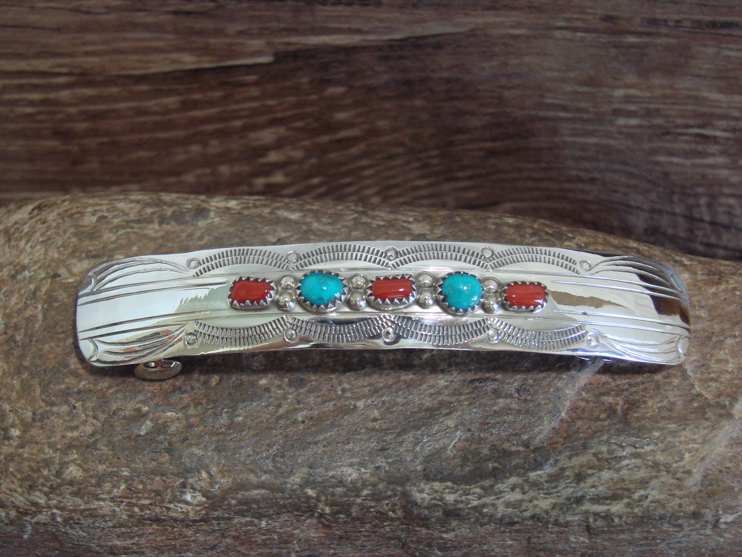 Native American Sterling Silver Turquoise & Coral Hair Barrette by Begay