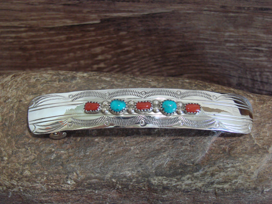 Native American Sterling Silver Turquoise & Coral Hair Barrette by Begay