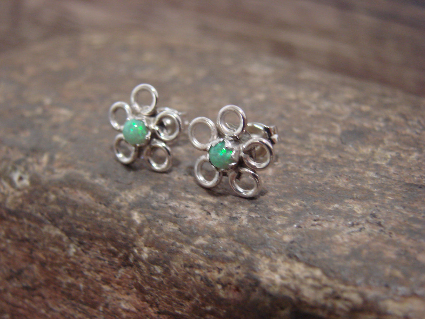 Native American Sterling Silver & Green Opal Floral Stud Post Earrings by Yatsattie