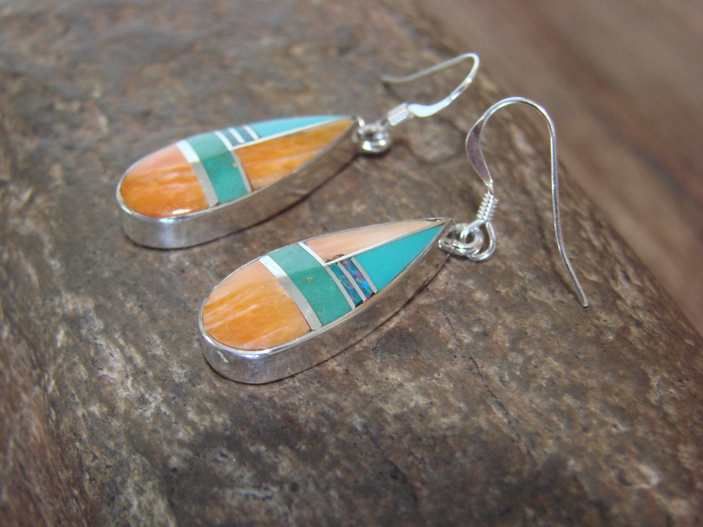 Native American Sterling Silver & Spiny Oyster Inlay Dangle Earrings by Manygoats