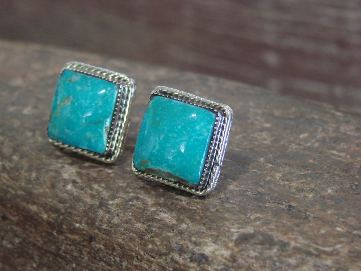 Native American Sterling Silver Square Turquoise Post Earrings by Lopez