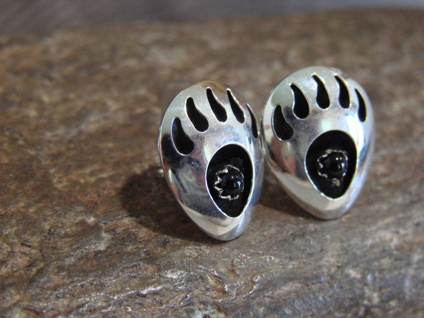 Native American Sterling Silver & Onyx Bear Paw Stud Post Earrings - Parker