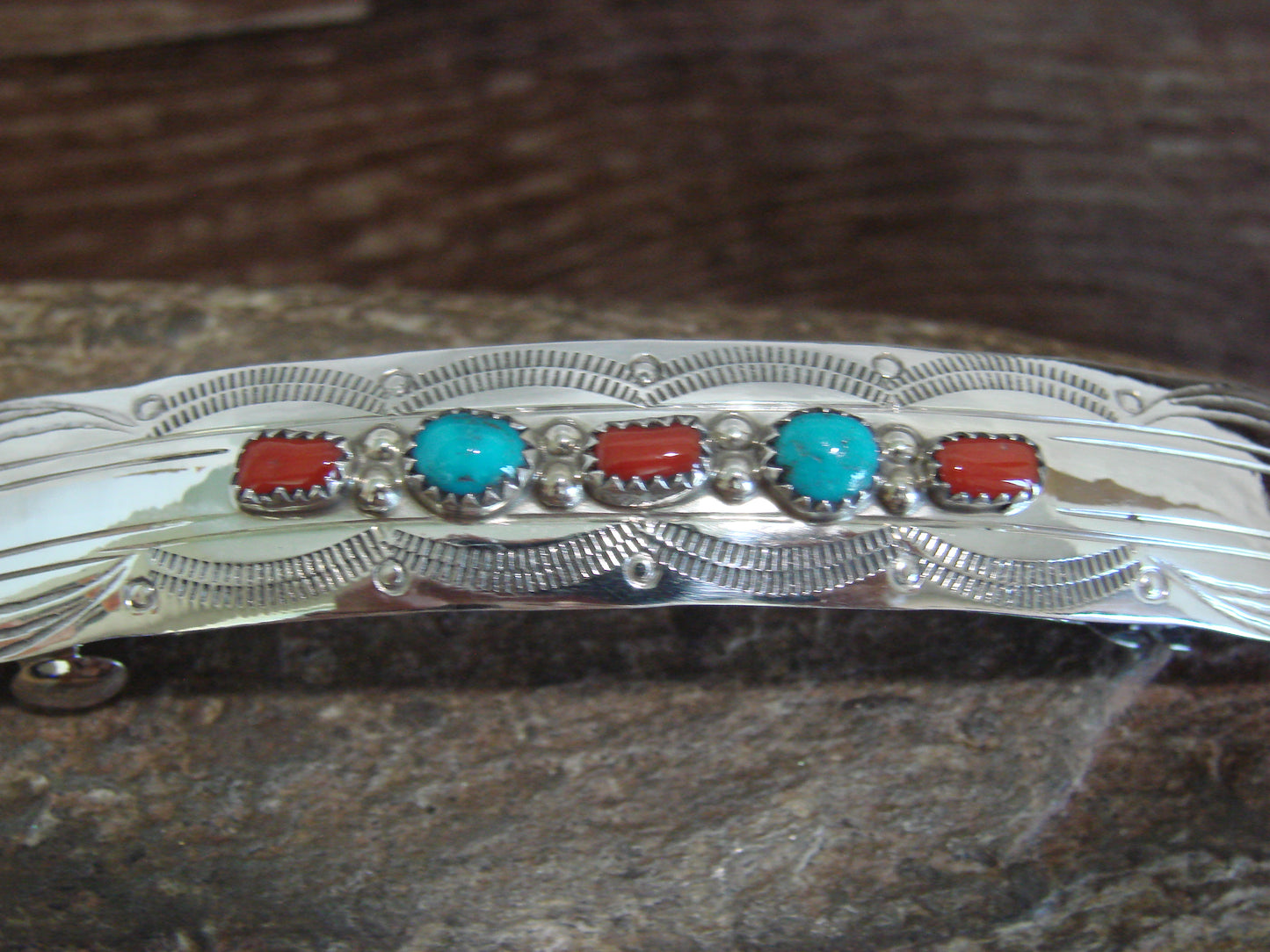 Native American Sterling Silver Turquoise & Coral Hair Barrette by Begay