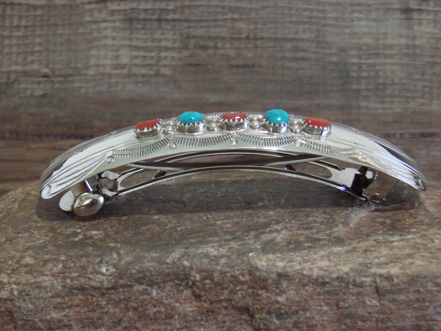 Native American Sterling Silver Turquoise & Coral Hair Barrette by Begay