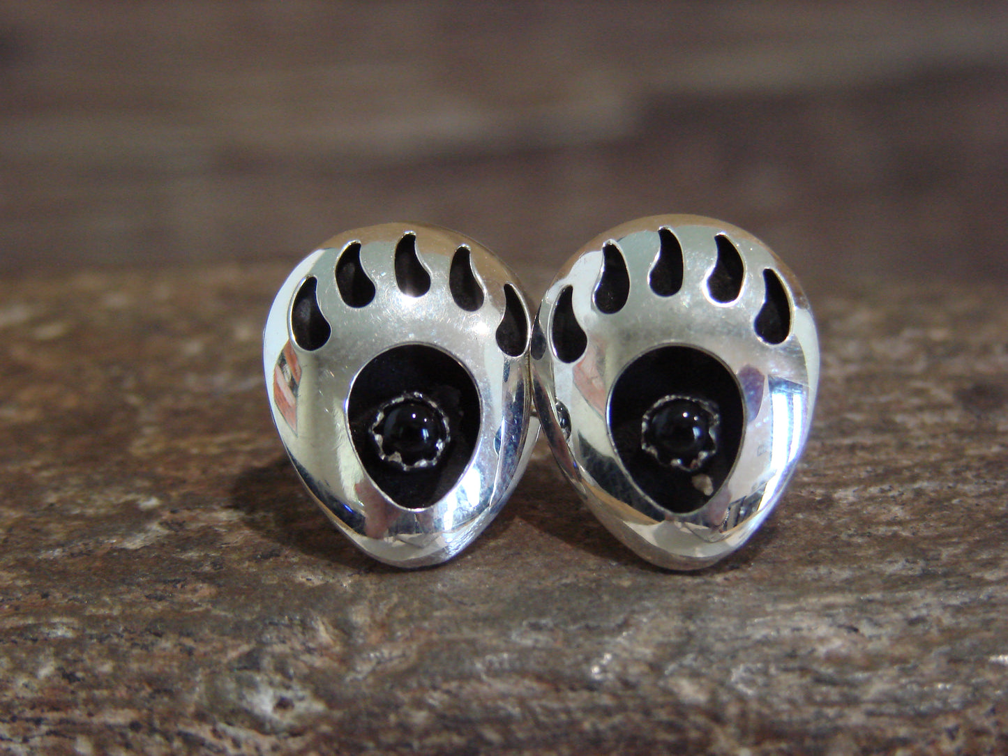 Native American Sterling Silver & Onyx Bear Paw Stud Post Earrings - Parker