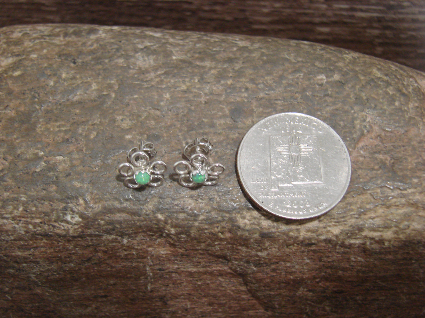 Native American Sterling Silver & Green Opal Floral Stud Post Earrings by Yatsattie