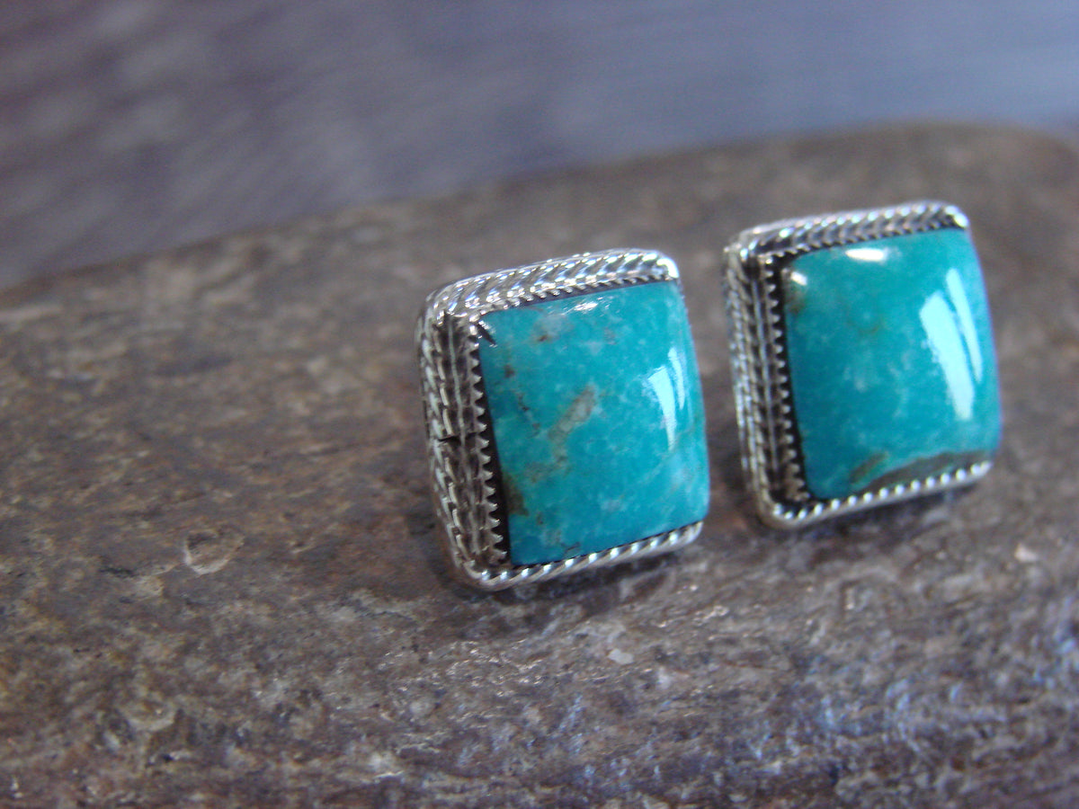 Native American Sterling Silver Square Turquoise Post Earrings by Lopez