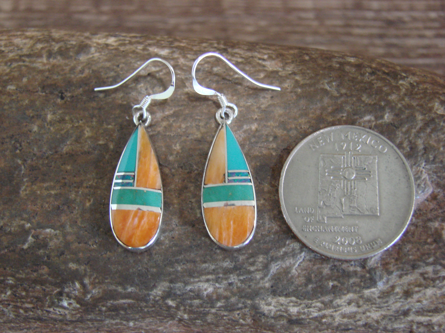 Native American Sterling Silver & Spiny Oyster Inlay Dangle Earrings by Manygoats