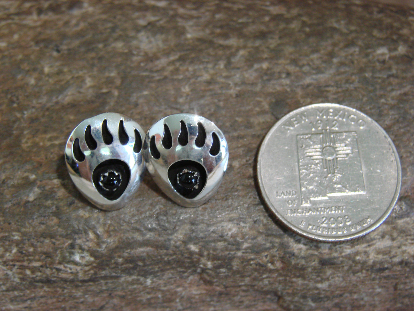 Native American Sterling Silver & Onyx Bear Paw Stud Post Earrings - Parker
