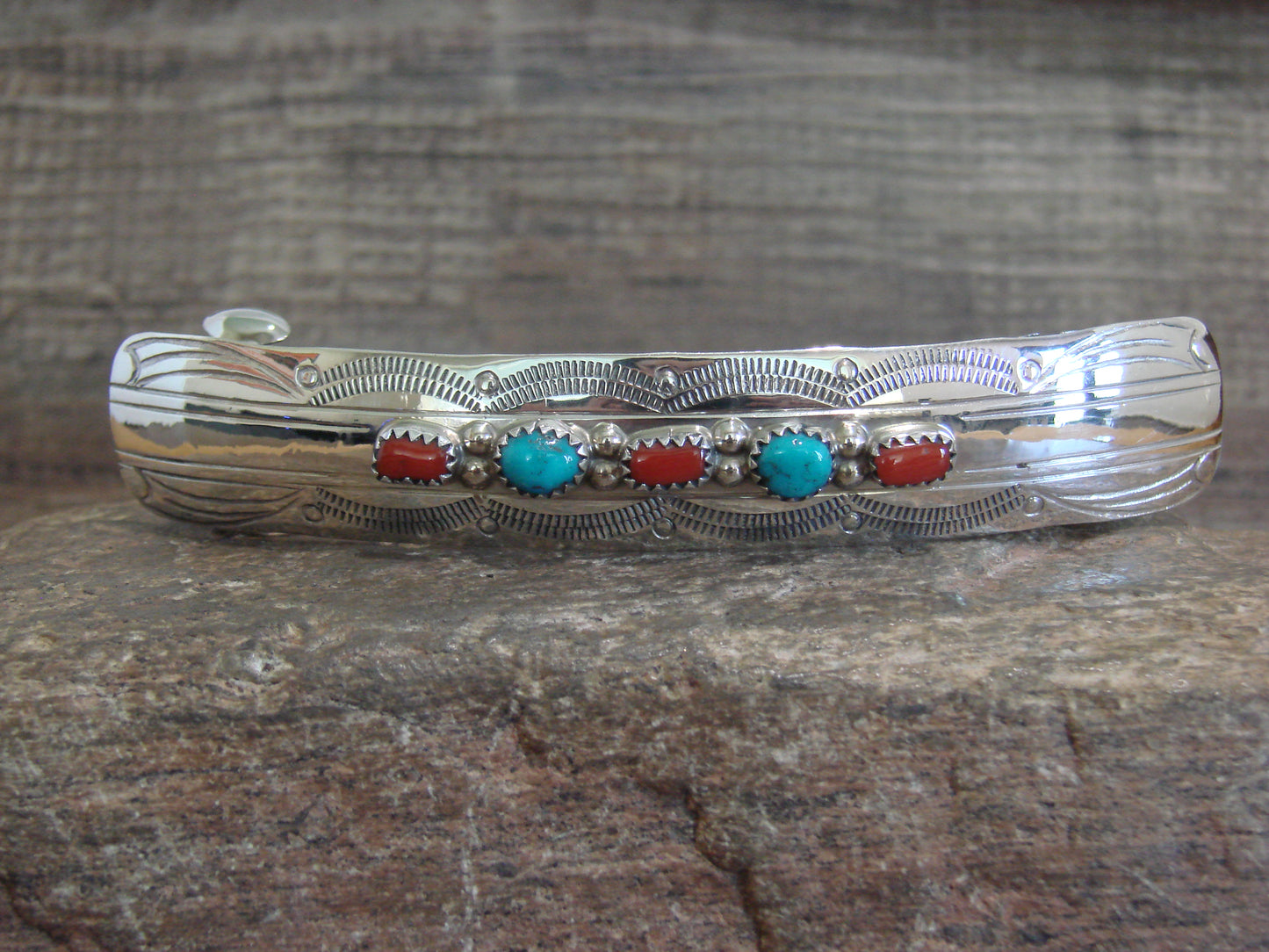 Native American Sterling Silver Turquoise & Coral Hair Barrette by Begay
