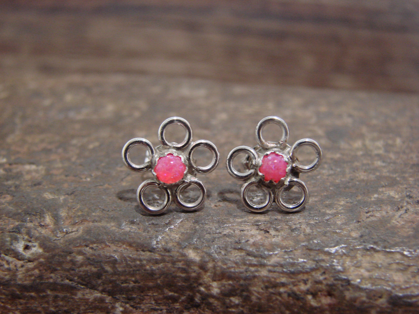 Native American Sterling Silver & Pink Opal Floral Stud Post Earrings by Yatsattie