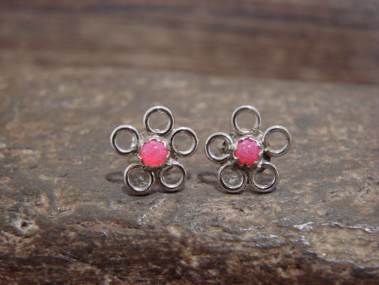 Native American Sterling Silver & Pink Opal Floral Stud Post Earrings by Yatsattie