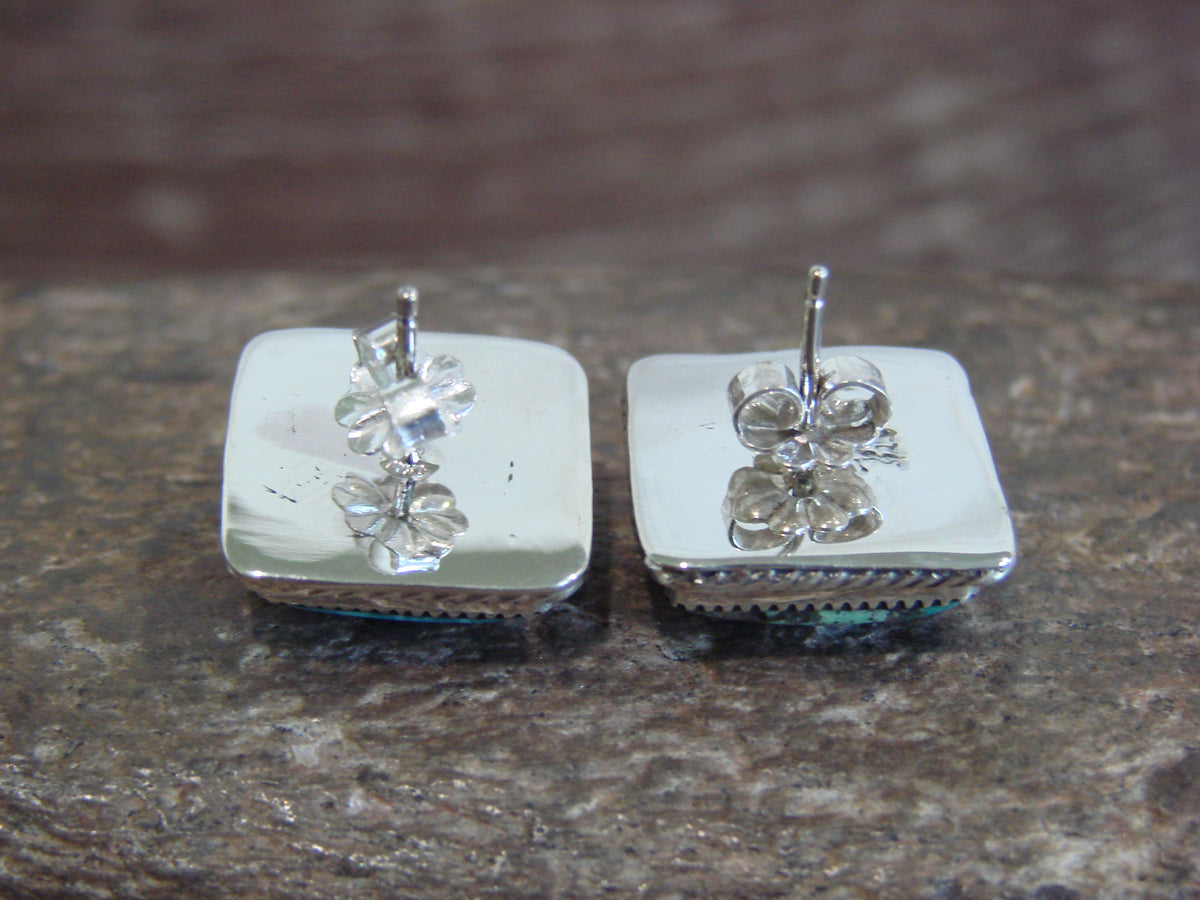 Native American Sterling Silver Square Turquoise Post Earrings by Lopez