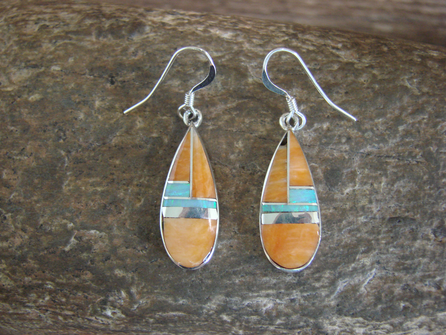 Native American Sterling Silver & Spiny Oyster Inlay Dangle Earrings by Manygoats