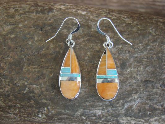 Native American Sterling Silver & Spiny Oyster Inlay Dangle Earrings by Manygoats