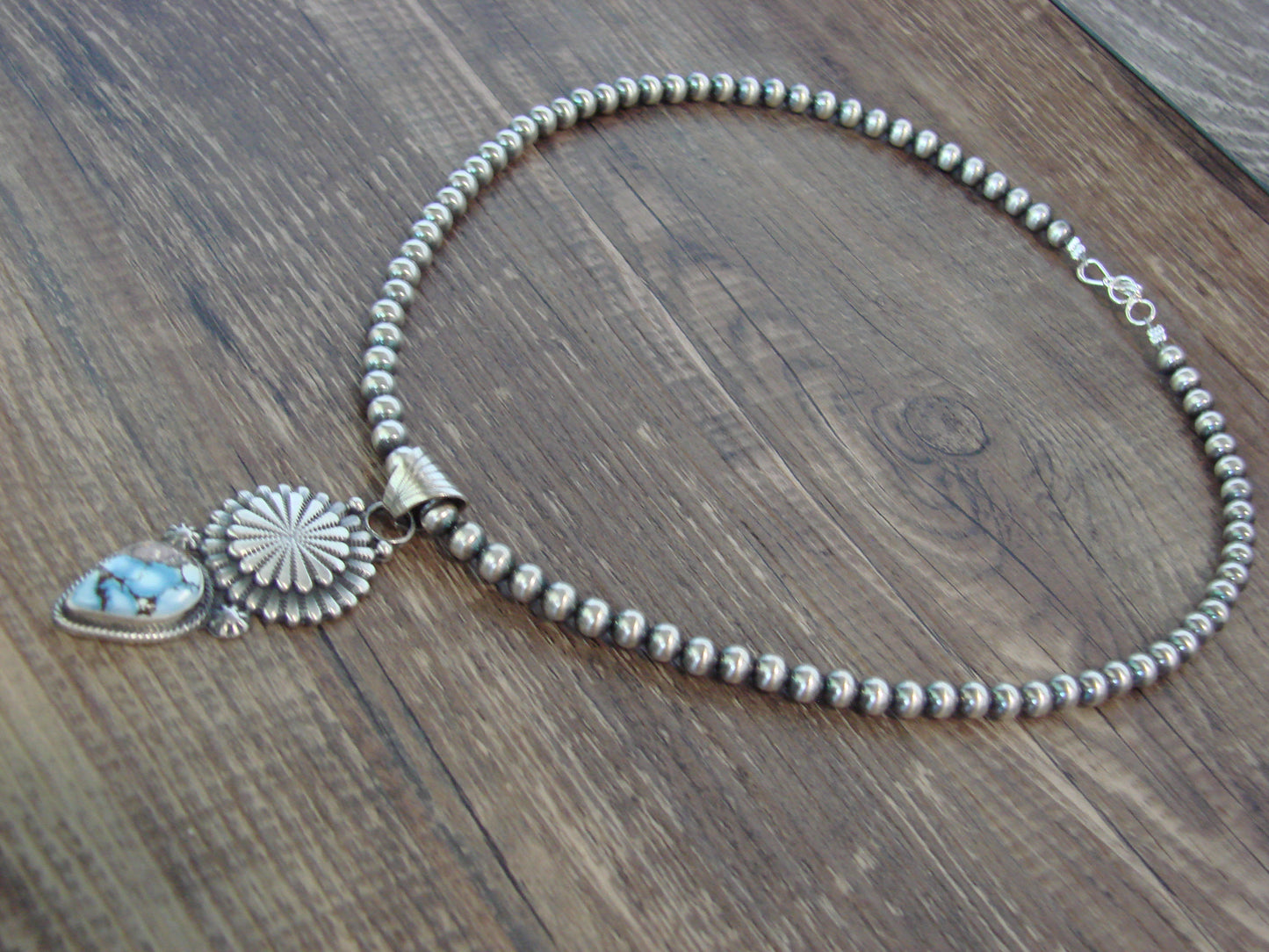 Native American 16" Sterling Silver & Turquoise Navajo Pearl Necklace by McCarthy