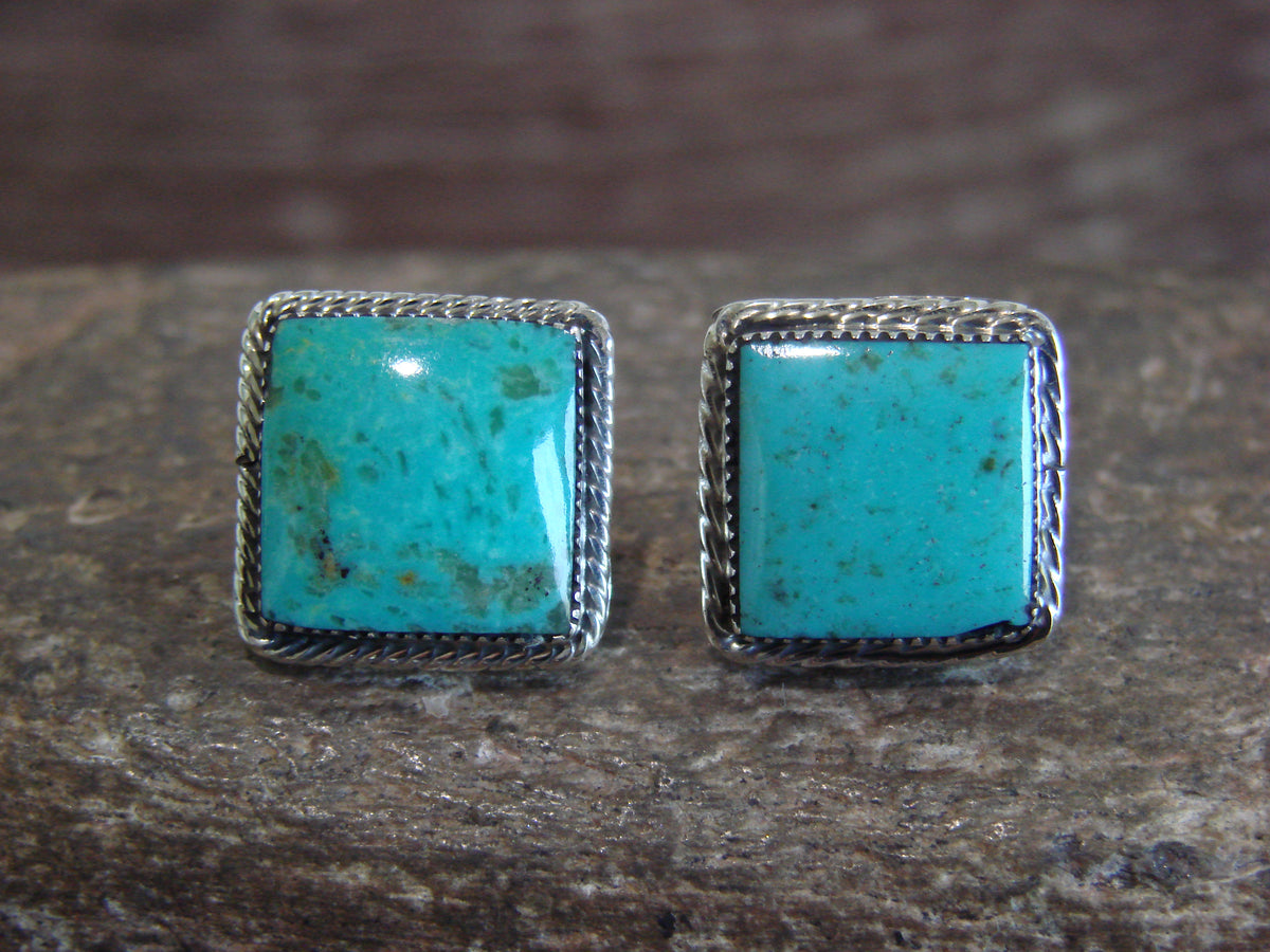 Native American Sterling Silver Square Turquoise Post Earrings by Lopez