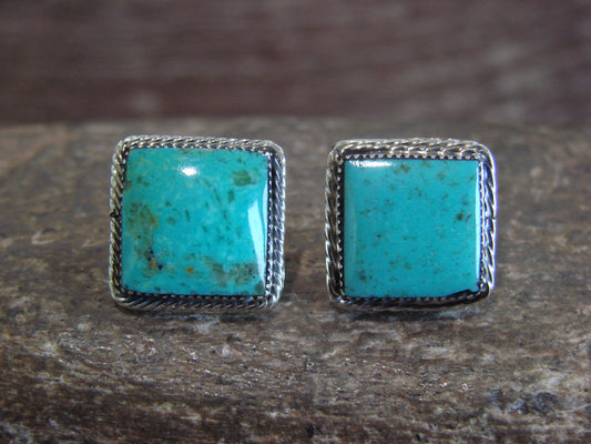 Native American Sterling Silver Square Turquoise Post Earrings by Lopez