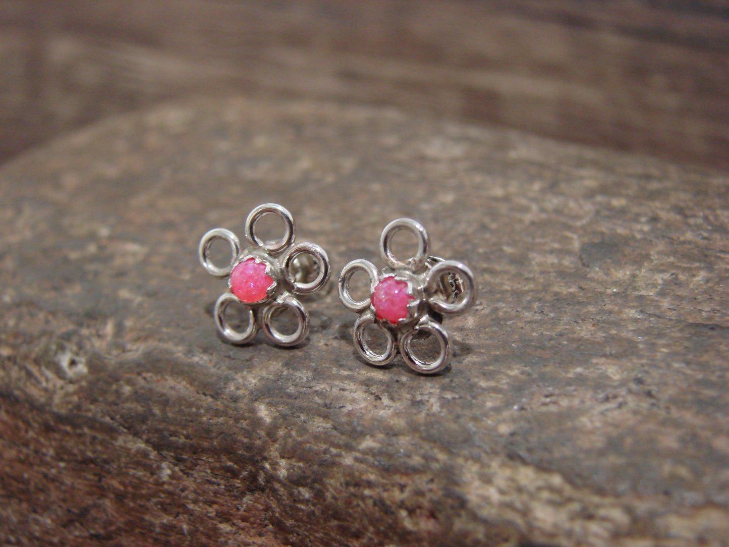 Native American Sterling Silver & Pink Opal Floral Stud Post Earrings by Yatsattie