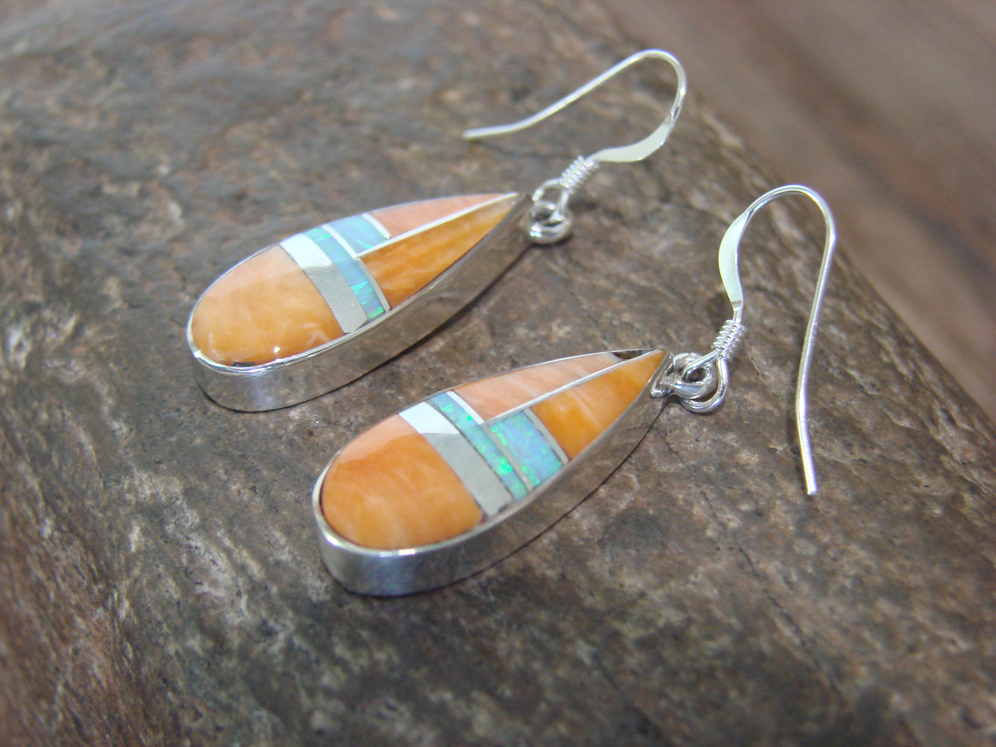 Native American Sterling Silver & Spiny Oyster Inlay Dangle Earrings by Manygoats