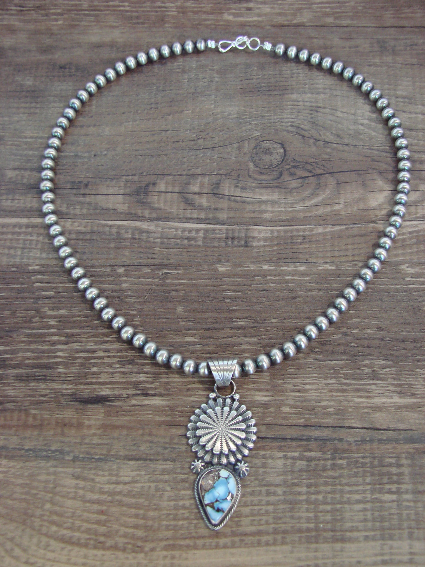 Native American 16" Sterling Silver & Turquoise Navajo Pearl Necklace by McCarthy