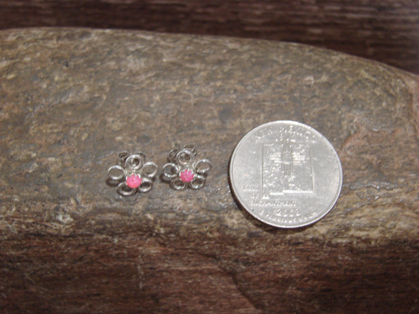 Native American Sterling Silver & Pink Opal Floral Stud Post Earrings by Yatsattie