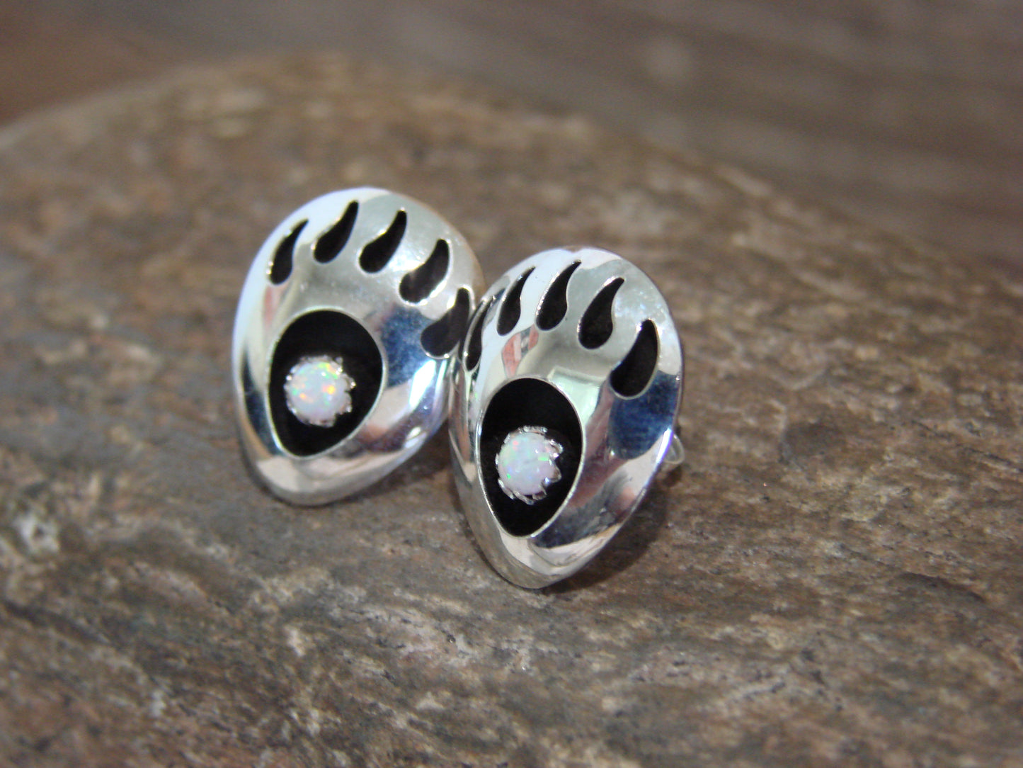 Native American Sterling Silver & Opal Bear Paw Stud Post Earrings - Parker