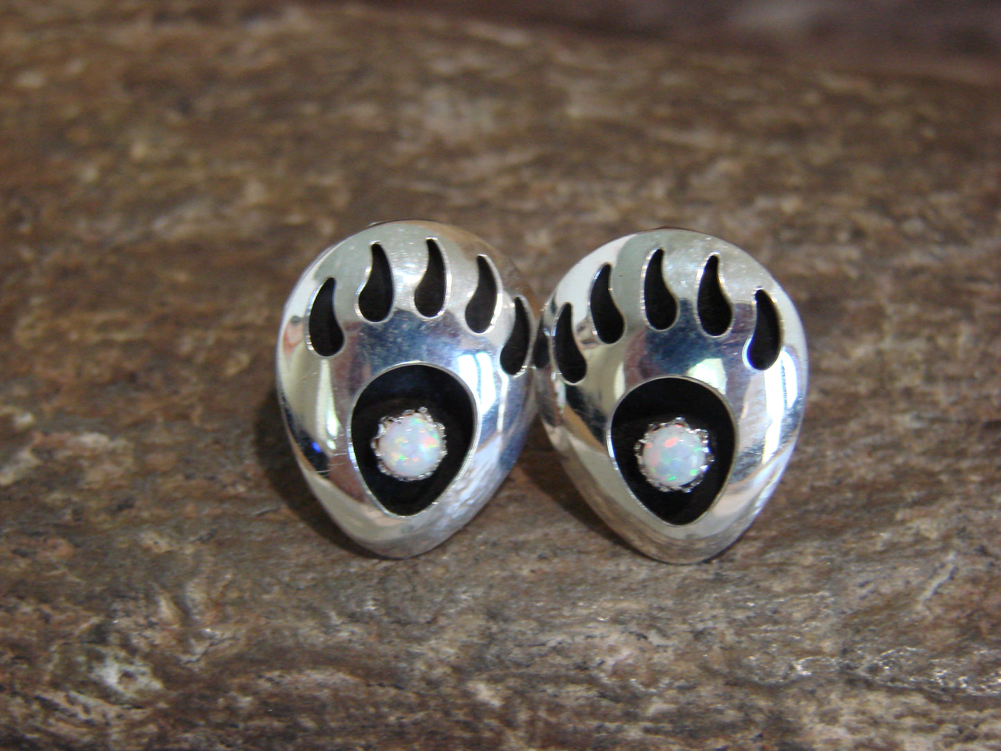 Native American Sterling Silver & Opal Bear Paw Stud Post Earrings - Parker