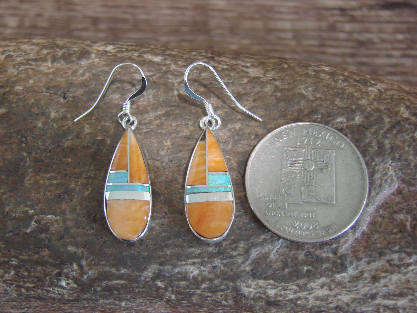 Native American Sterling Silver & Spiny Oyster Inlay Dangle Earrings by Manygoats