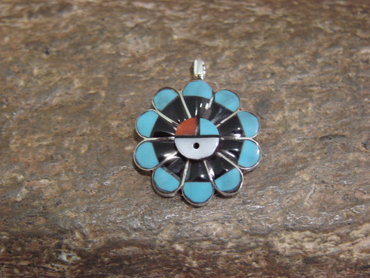 Native American Sterling Silver Turquoise Inlay Sunface Pendant - Signed RV