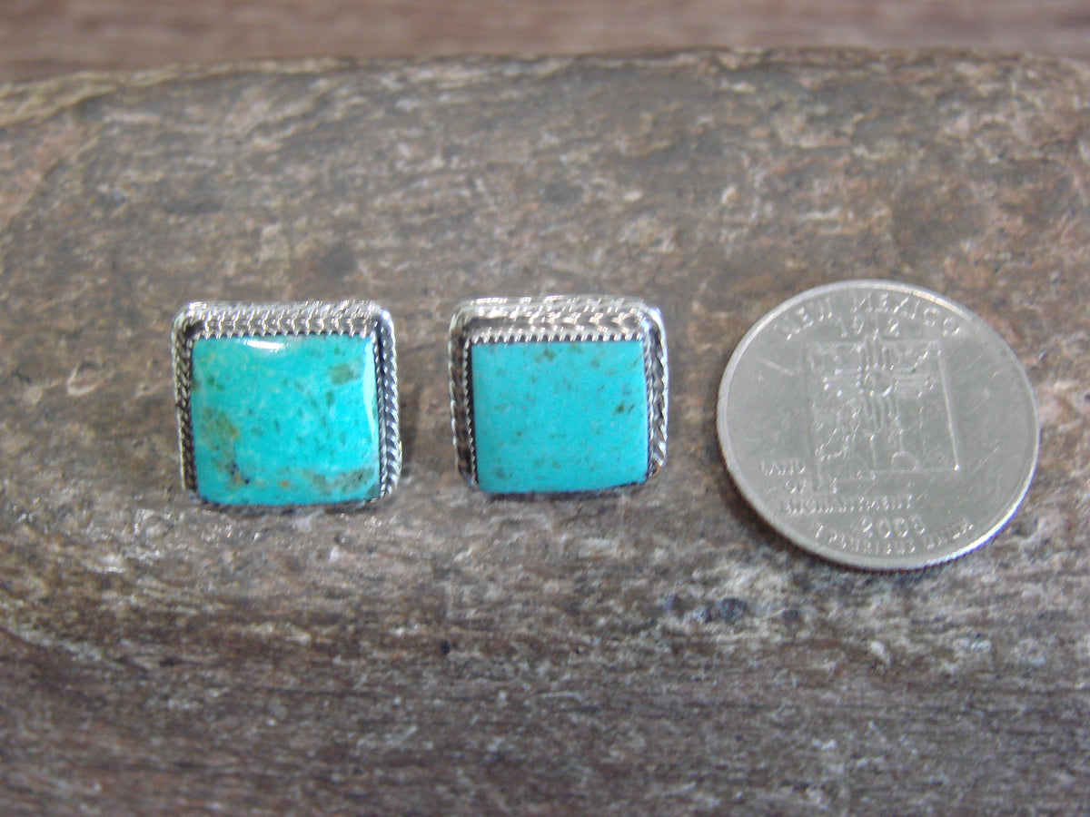 Native American Sterling Silver Square Turquoise Post Earrings by Lopez