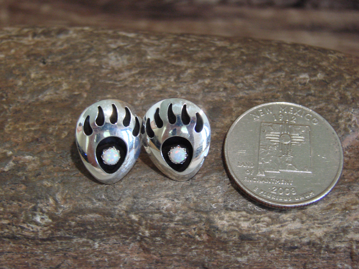 Native American Sterling Silver & Opal Bear Paw Stud Post Earrings - Parker