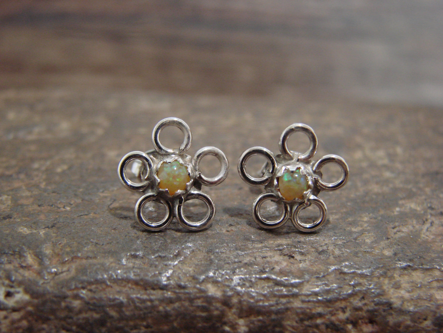 Native American Sterling Silver & Yellow Opal Floral Stud Post Earrings by Yatsattie