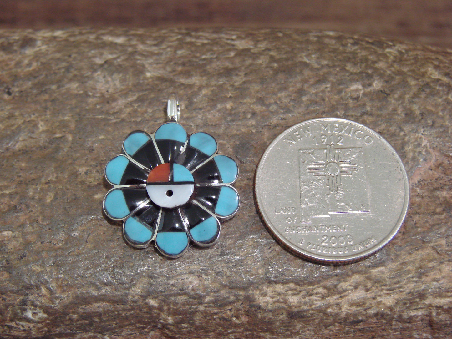 Native American Sterling Silver Turquoise Inlay Sunface Pendant - Signed RV