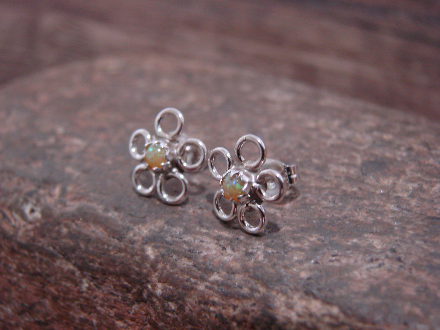Native American Sterling Silver & Yellow Opal Floral Stud Post Earrings by Yatsattie