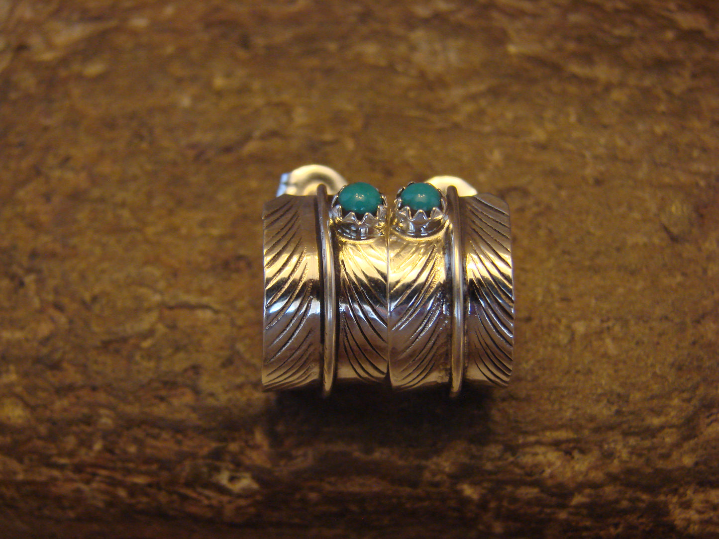 Native American Sterling Silver Turquoise Feather Hoop Post Earrings Signed Davis